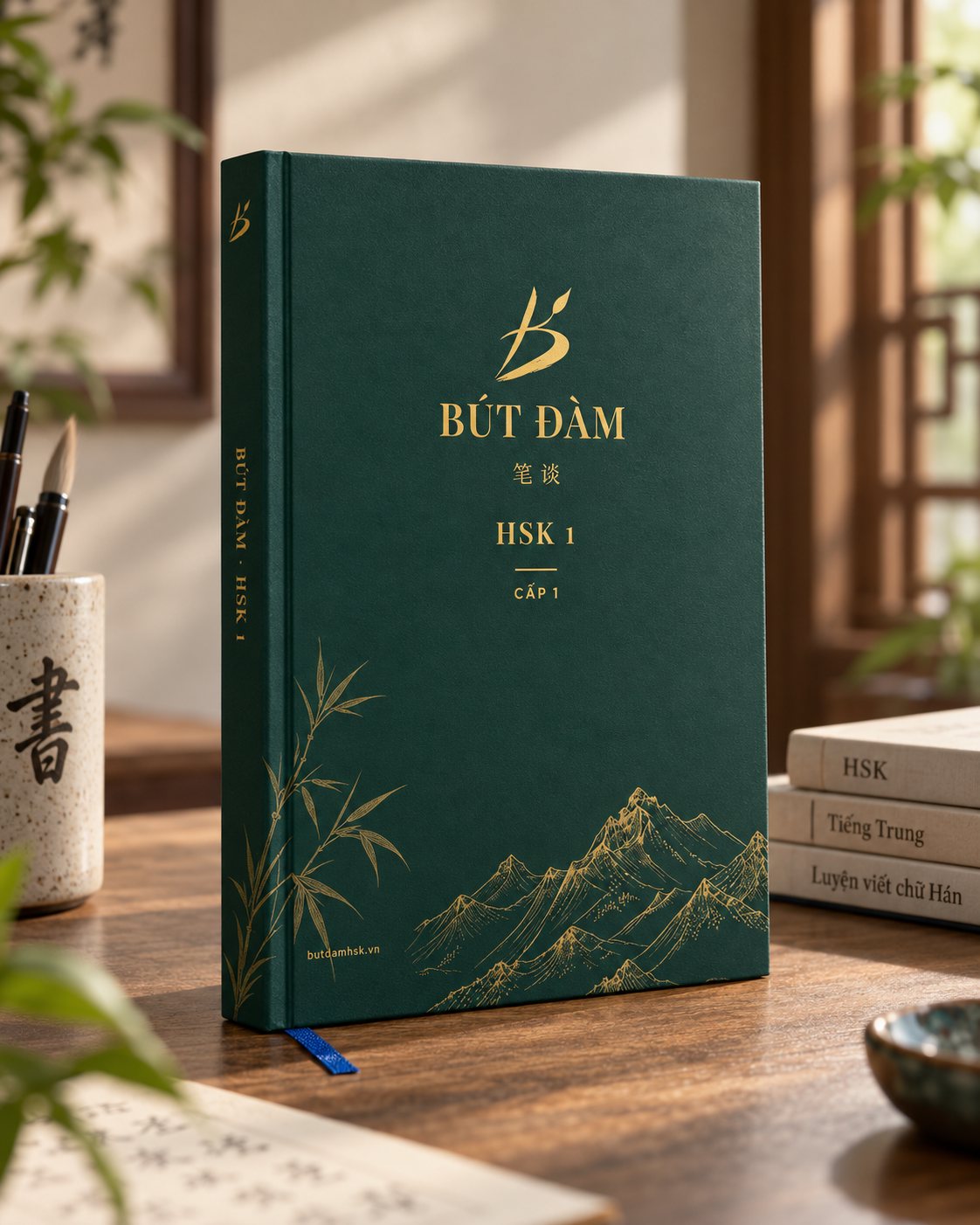 Bìa trước sổ Bút Đàm HSK 1 Cấp 1 đứng trên bàn gỗ
